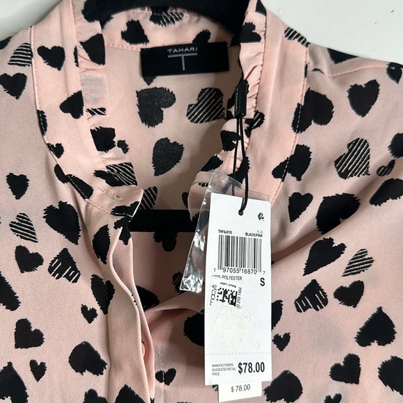 Tahari pink black heart print bell sleeves button down raffle blouse size S new - Picture 6 of 10
